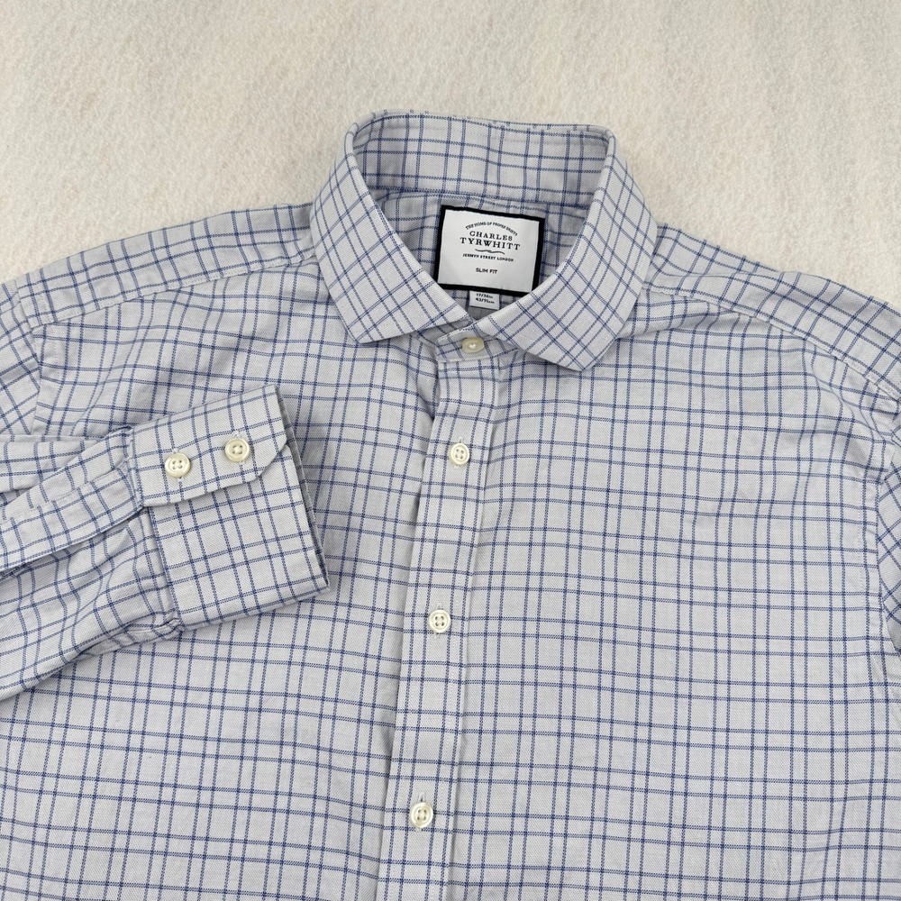 Charles Tyrwhitt Slim Fit Long Sleeve Dress Shirt Mens 17-36 Gray/Blue Plaid